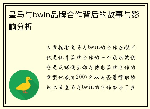 皇马与bwin品牌合作背后的故事与影响分析