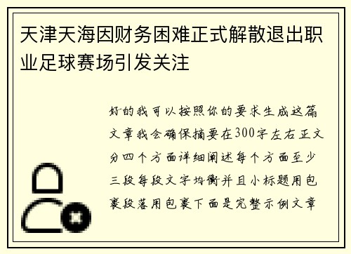 天津天海因财务困难正式解散退出职业足球赛场引发关注 天津天海因财务困难正式解散退出职业足球赛场引发关注