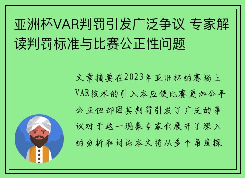 亚洲杯VAR判罚引发广泛争议 专家解读判罚标准与比赛公正性问题