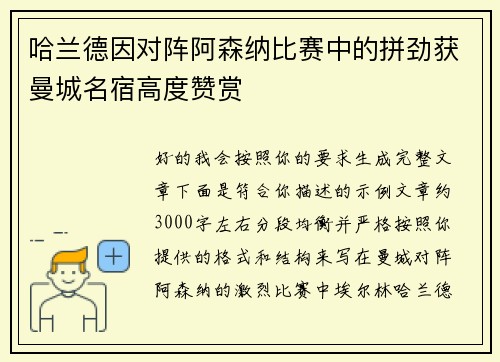 哈兰德因对阵阿森纳比赛中的拼劲获曼城名宿高度赞赏