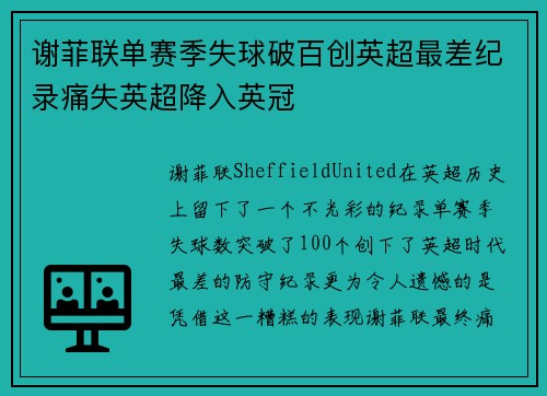 谢菲联单赛季失球破百创英超最差纪录痛失英超降入英冠 谢菲联单赛季失球破百创英超最差纪录痛失英超降入英冠
