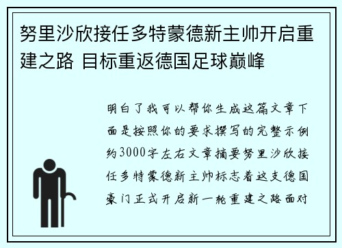 努里沙欣接任多特蒙德新主帅开启重建之路 目标重返德国足球巅峰